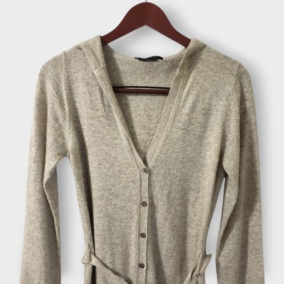 BCBGMAXAZRIA Angora Cashmere Tie Front Longline Hooded Cardigan Oatmeal Sz Med - Picture 2 of 13